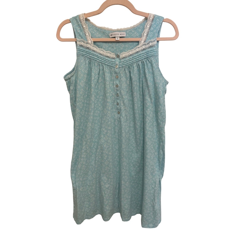 Eileen West Nightgown Blue Floral 100% Cotton Jersey Lace Trim Small